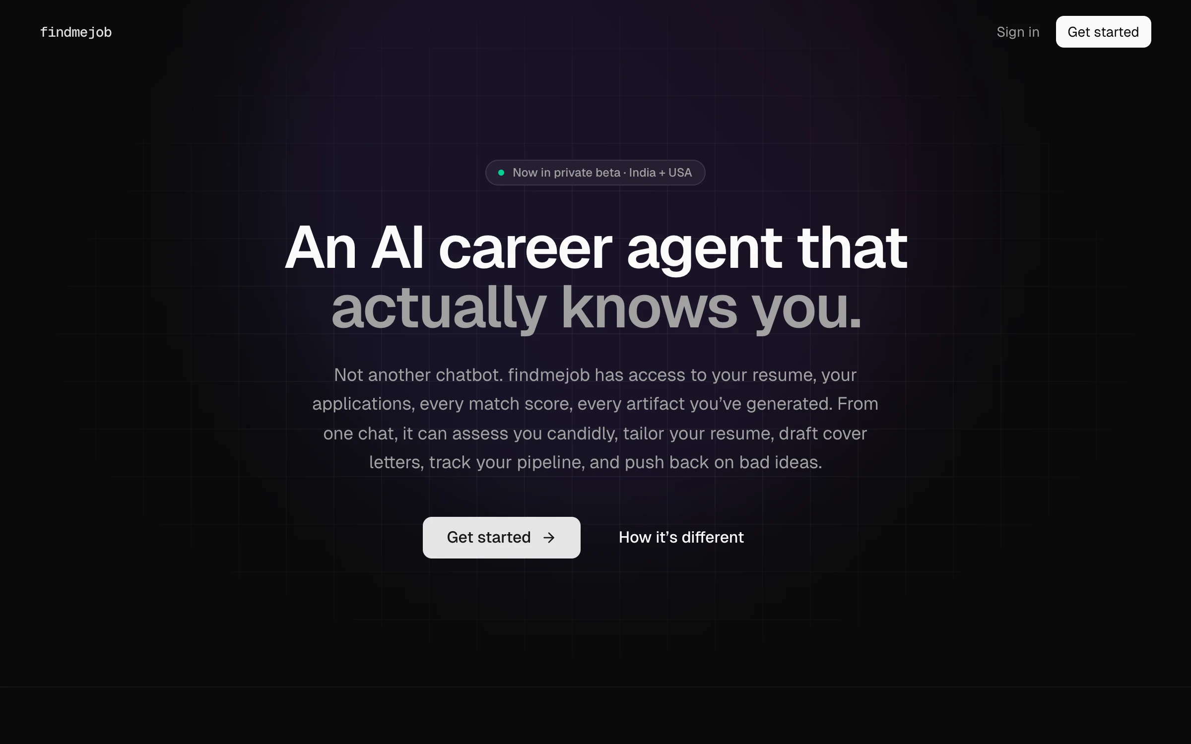 findmejob landing page: dark hero reading 'An AI career agent that actually knows you', with a private-beta badge